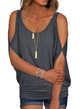 Black Summer T Shirt Women Short Sleeve Cold Shoulder Loose Fit Pullover Casual Top