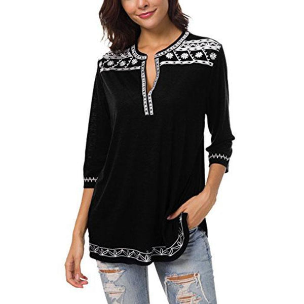 Women's 3/4 Sleeve Boho Shirts Embroidered Peasant Top