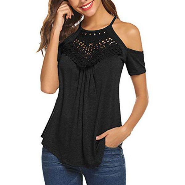 BLUETIME Women's Casual Short Sleeve Flowy Lace Cold Shoulder Summer Tops Blouses Basic Tee Shirt