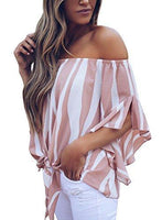 Asvivid Women's Striped Off Shoulder Bell Sleeve Shirt Tie Knot Casual Blouses Tops