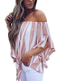 Asvivid Women's Striped Off Shoulder Bell Sleeve Shirt Tie Knot Casual Blouses Tops