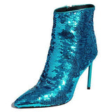FSJ Women Sexy Sequins Stiletto High Heels Ankle Booties Pointed Toe Side Zippers Evening Party Night Club Shoes Size 4-15 US