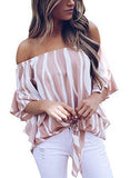 Asvivid Women's Striped Off Shoulder Bell Sleeve Shirt Tie Knot Casual Blouses Tops