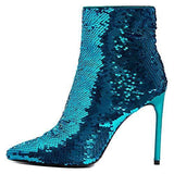 FSJ Women Sexy Sequins Stiletto High Heels Ankle Booties Pointed Toe Side Zippers Evening Party Night Club Shoes Size 4-15 US