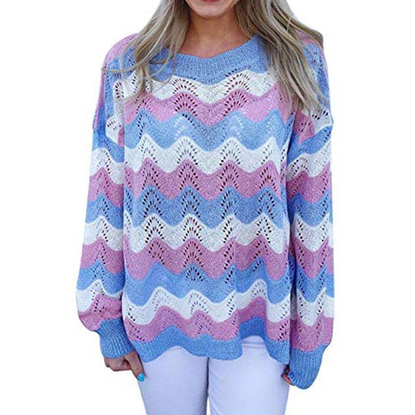 MEROKEETY Women's Crew Neck Long Sleeve Wave Stripe Pullover Sweater Lightweight Knitted Shirts Top