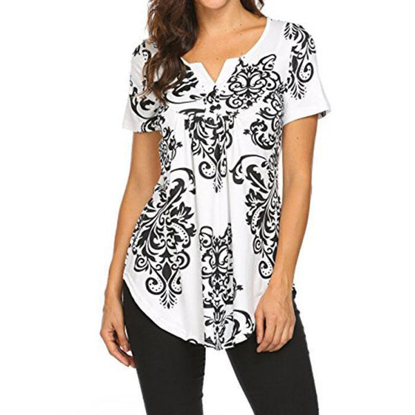 Women's Paisley Printed Long Sleeve Henley V Neck Pleated Casual Flare Tunic Blouse Shirt